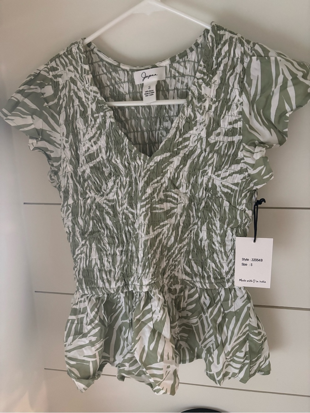 Joie Olive Green Smocked V-Neck Peplum Top